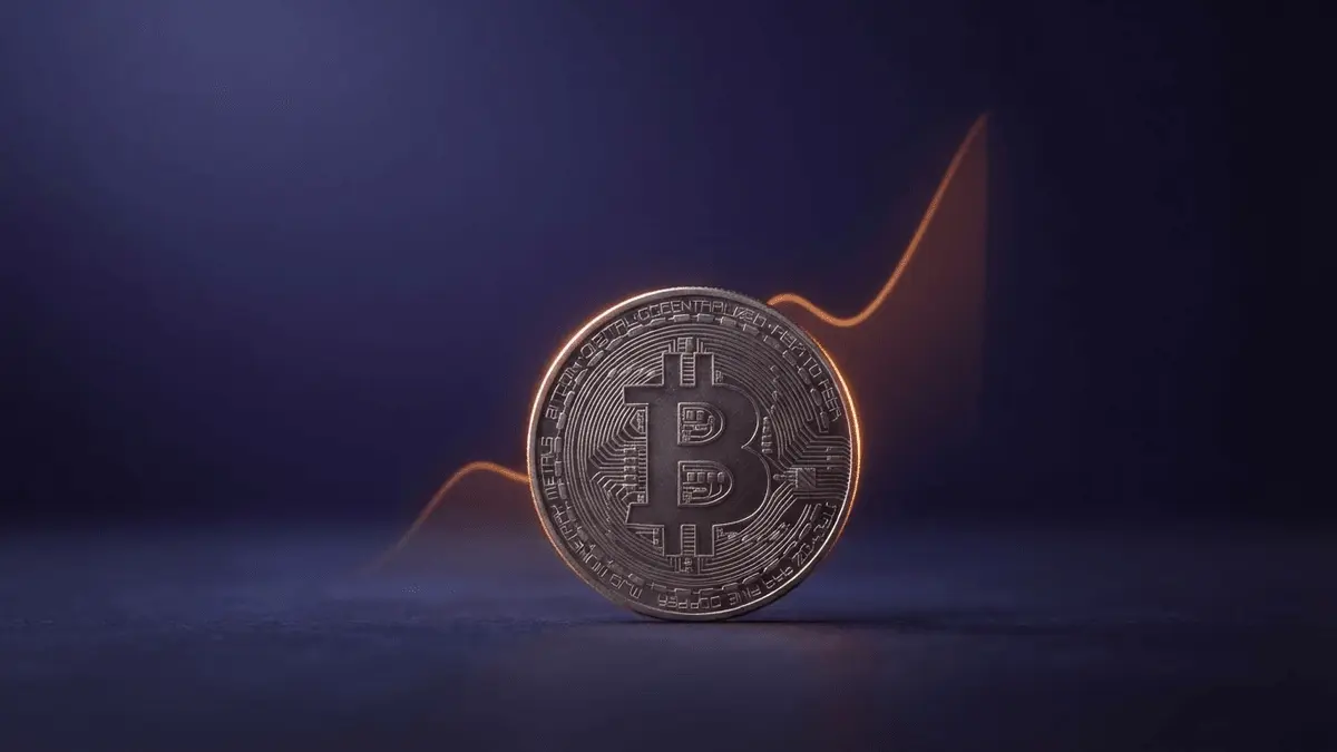 Matte Bitcoin-munt met een opwaartse lichtbeweging die het herstel van Bitcoin-ETF-instroom verbeeldt